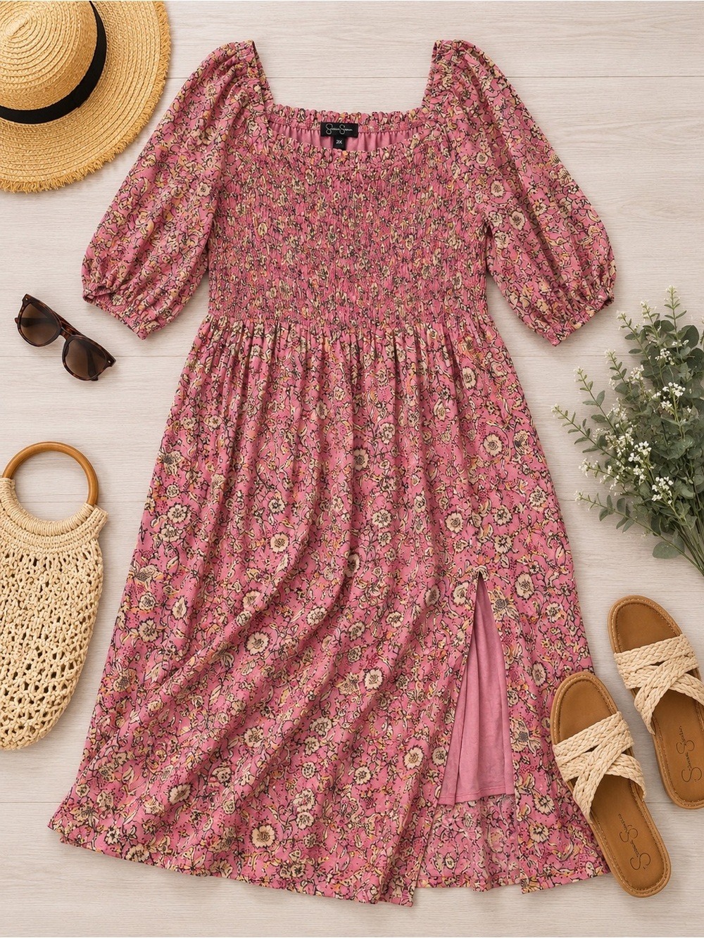 Jessica Simpson Pink Floral Smocked Midi Dress 2X Cottagecore
